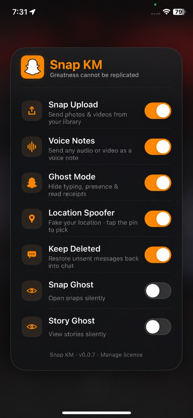 Snap KM running on an iPhone, showing the in-app feature panel with toggles enabled